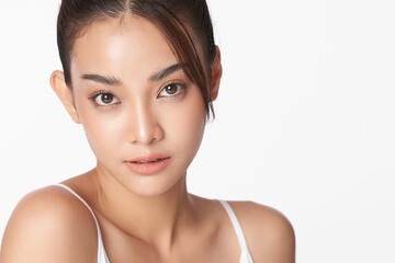 beautiful young asian woman with clean fresh skin on white background, face care, facial treatment, 