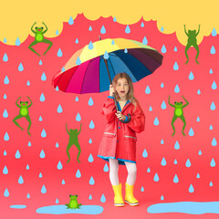 Wall Mural - Surprised little girl in raincoat and with umbrella on color background with drawn clouds, drops and frogs