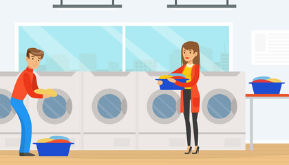 Poster - Public Laundrette with Laundromat Washing Machines, People Visiting Laundry Loading Clothes for Washing and Drying Vector Illustration