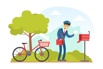 Poster - Postman Putting Letter in Mailbox, Mailman in Blue Uniform Delivering Mails to Customers on Bike, Delivery Service Concept Vector Illustration