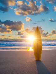 Wall Mural - Surfboard on the beach at sunset