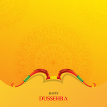 Happy Dussehra Indian Festival Card With Bow On Orange Background With Mandala.