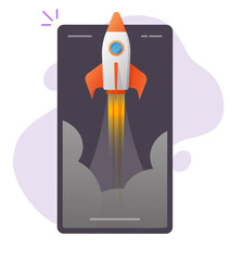 Rocket launch boost online app on mobile phone vector, smartphone digital fast quick growing internet start up, idea of new product release, project development high speed web startup