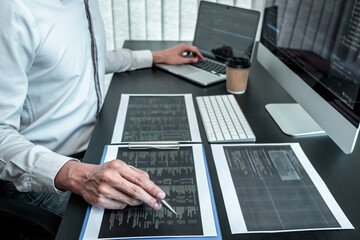 Wall Mural - developer programmer working on coding program software computer in office, writing website and deve