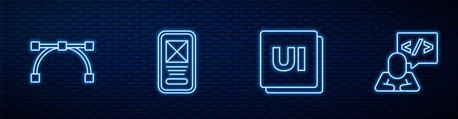 Set line UI or UX design, Bezier curve, and Front end development. Glowing neon icon on brick wall. Vector.