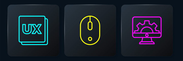 Set line UI or UX design, Web development and Computer mouse. Black square button. Vector.