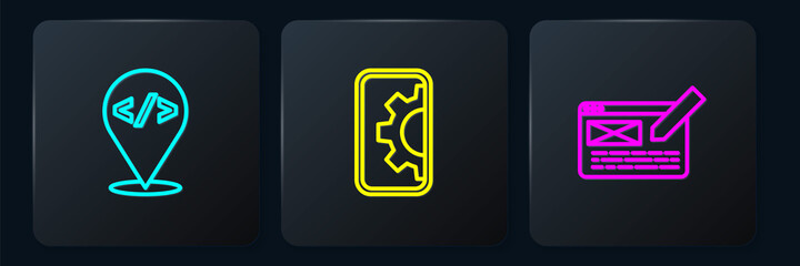Set line Front end development, UI or UX design and Web. Black square button. Vector.