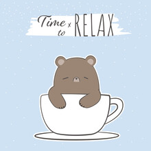 Cute Teddy Bear Ralaxing In Coffee Cup Cartoon Doodle Card Vector Design For Nursery