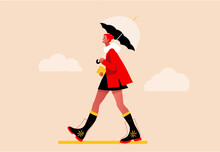 Happy Girl Walking In The Rain. Modern Flat Vector Concept Illustration Of A Young Fashionable Woman Holding An Umbrella, Wearing Rubber Boots. Happy Autumn.