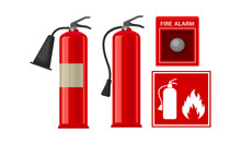 Active Fire Protection Devices With Fire Extinguisher And Fire Alarm Button Vector Set