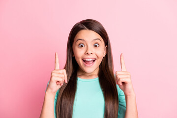 Canvas Print - Close-up portrait of her she nice attractive pretty glad cheerful cheery long-haired girl pointing forefingers up copy space advert ad novelty isolated over pink pastel color background