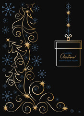 Christmas card. New Years greetings. Vector decorative elements of festive design: gift, trees, stars, snowflakes. Black background. Vector illustration.