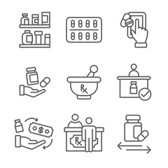 Wall Mural - Pharmaceuticals and medication icon set with mortar and pestle, pharmacy, otc
