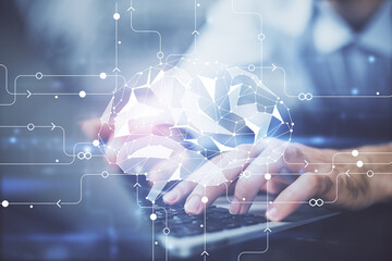 Aufkleber - Businessman with computer background with brain theme hologram. Concept of brainstorm. Multi exposure.