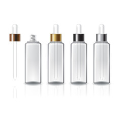 Wall Mural - 4 cap colors clear square cosmetic bottle with white dropper for beauty or healthy product.