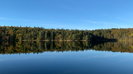 Wall Mural - Autumn nature landscape, lake, trees, colorful, foliage, Reflections in calm water. Photography taken in October in Sweden. Blue sky background, copy space and place for text.