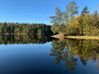 Wall Mural - Autumn nature landscape, lake, trees, colorful, foliage, Reflections in calm water. Photography taken in October in Sweden. Blue sky background, copy space and place for text.