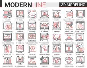 Aufkleber - 3d printing complex concept science technology thin line web icons vector set. Red black thin line creative design with modelling modern tech printer equipment machinery, future scientific innovations