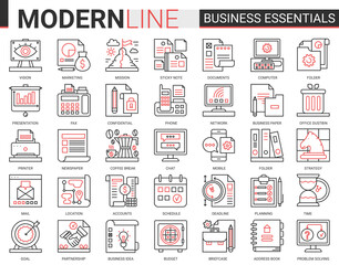 Wall Mural - Business complex concept thin red black line icon vector set. Business essential website outline pictogram symbols collection with office objects, equipment documents for financial development