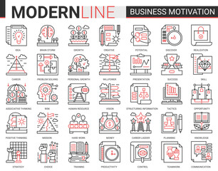 Business motivation complex concept thin red black line icon vector set with motivational outline symbols, productivity of financial processes, teamwork business planning, communication training