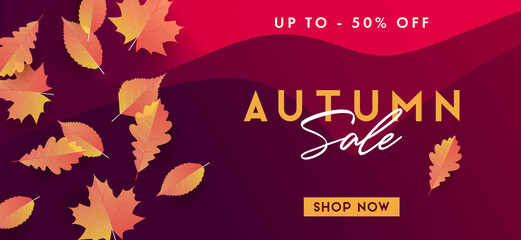 Sticker - Autumn sale poster with orange falling leaves on dark red background with waves, copy for discount with percent, typography composition