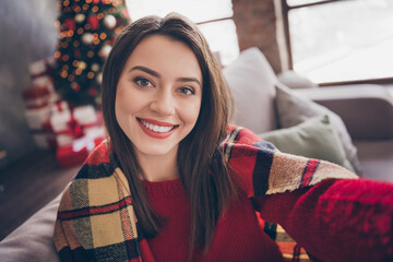 Canvas Print - Photo of charming lady sit sofa make selfie shiny white smile wear blanket red sweater in decorated x-mas living room indoors