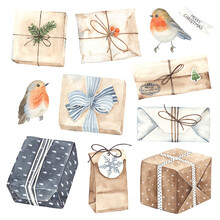 Watercolor Christmas Presents And Robin Birds. Gift Boxes And Mails Message On White Background. Set Of Holiday Objects, Symbols And Emblems In Vintage Style.