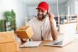 © Drobot Dean - Male joyful delivery assistance working with packages and laptop