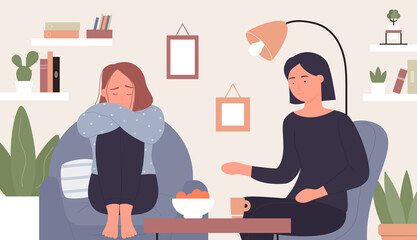 Mental health support vector illustration. Cartoon psychologist or psychiatrist counsel character taking care and help, counselling sad woman patient in communication, psychology therapy background