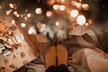 Christmas Mood, Tree Lights And Socks With Gift Wrapping, Top View