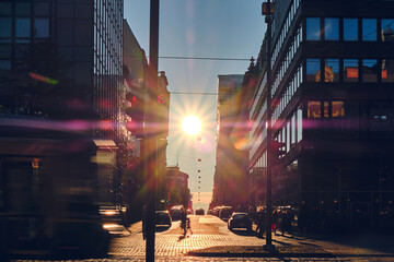 Sunset between buildings in the center of Helsinki, Finland.