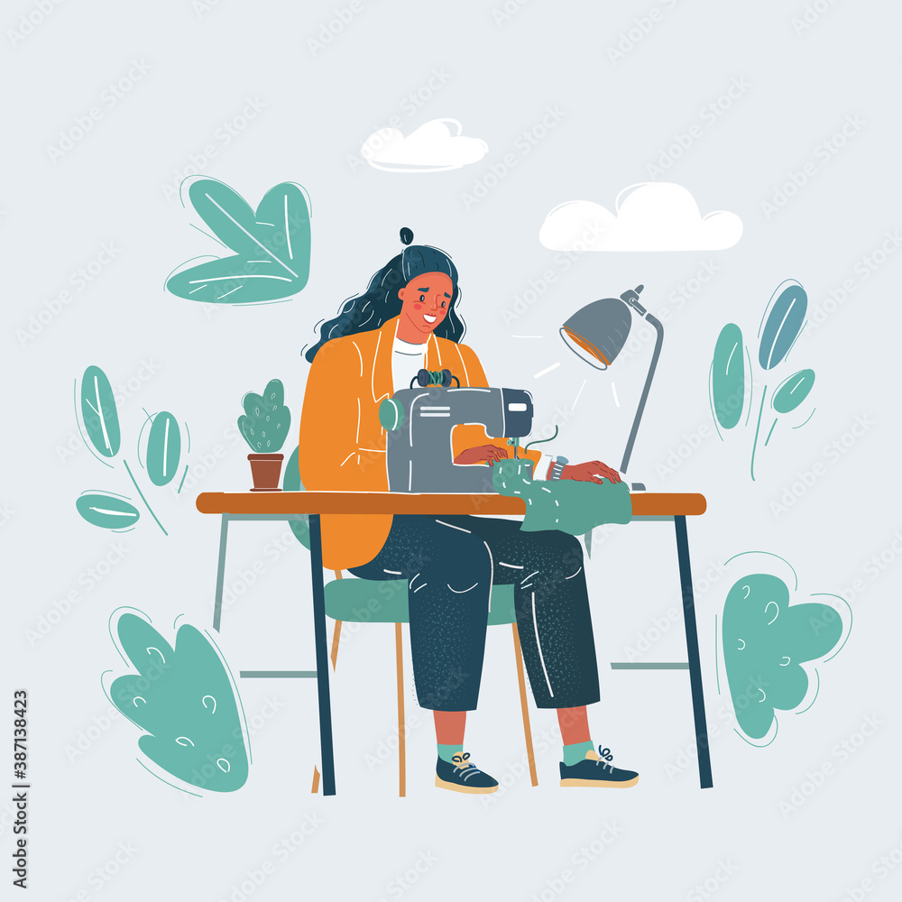 Vector illustration of woman using sewing machine is sews her clothes ...