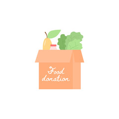 Wall Mural - Food donation box full of groceries, flat vector illustration isolated on white background. Charity and food sharing for supporting of poor needed people.
