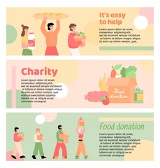Wall Mural - Set of flyers for charity and food donation events, flat vector illustration isolated. Promotion for volunteer organization to provide help for people in need.