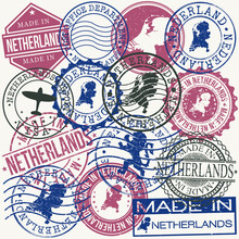 Netherlands Set Of Stamps. Travel Passport Stamp. Made In Product. Design Seals Old Style Insignia. Icon Clip Art Vector.