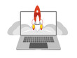 © Dumitru - Super fast computer concept. Launch rocket symbol on the screen of an open laptop. Isolated on a white background.
