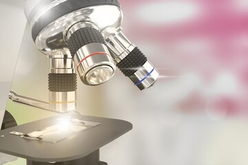 Wall Mural - vaccine study concept, laboratory hi-tech scientific microscope with flare on bokeh background - object 3D illustration