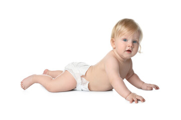 Sticker - Cute little baby in diaper on white background