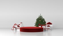 Red Podium For Product Placement In Christmas Background Decor By Christmas Tree Gift Boxes Ribbon