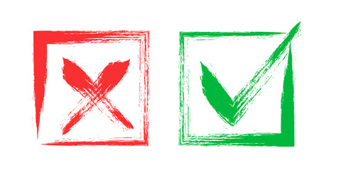 Tick and Cross sign elements. vector buttons for vote, election choice, check marks, approval signs design. Red X and green OK symbol icons check boxes. Check list marks, choice options, survey signs.