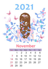 Wall Mural - Calendar for 2021 November. back view of beautiful girl with lon