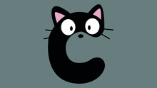  Kids Abc, Alphabet Animals, C Letter, Vector Black Cat Cartoon. Children ABC English Animal Alphabet With C Letter And Cute Cat.