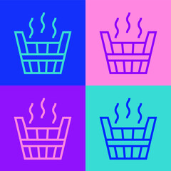 Poster - Pop art line Sauna bucket icon isolated on color background. Vector.