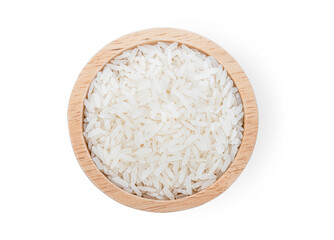 Uncooked dry rice in wooden bowl Isolated on  white background.