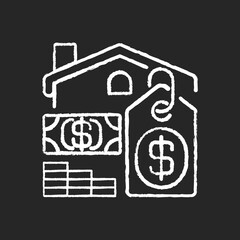 Sticker - Price chalk white icon on black background. House mortgage. Buying home. Finance investment. Residential property for sale. Invest in realty. Real estate cost. Isolated vector chalkboard illustration