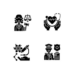 Sticker - Critical services black glyph icons set on white space. Justice sector. Health care. Human services. Research. Law enforcement. Judiciary. Silhouette symbols. Vector isolated illustration