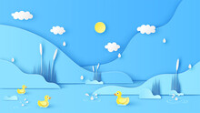 Natural Scenery In Summer With Drizzle And Yellow Ducks Swimming In The River. Paper Cut And Craft Style. Vector, Illustration.