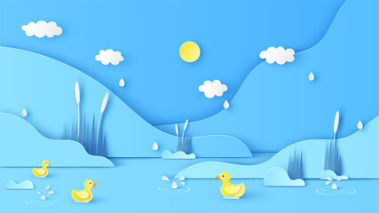 Wall Mural - Natural scenery in Summer with drizzle and yellow ducks swimming in the river. Paper cut and craft style. vector, illustration.