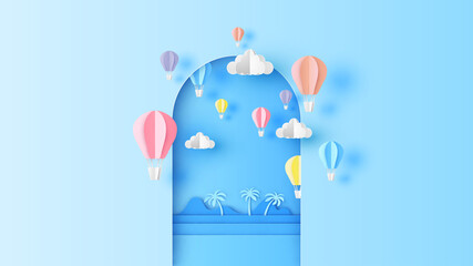 Wall Mural - Sea view in curved arch shape frame with hot air balloons float up on sky. Graphic design of hot air balloon. paper cut and craft style. vector, illustration.