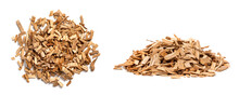 Oak Chips For Smoking Meat And Fish Isolated On White Background. Piles Of Wood Chips From Oak Front And Top View